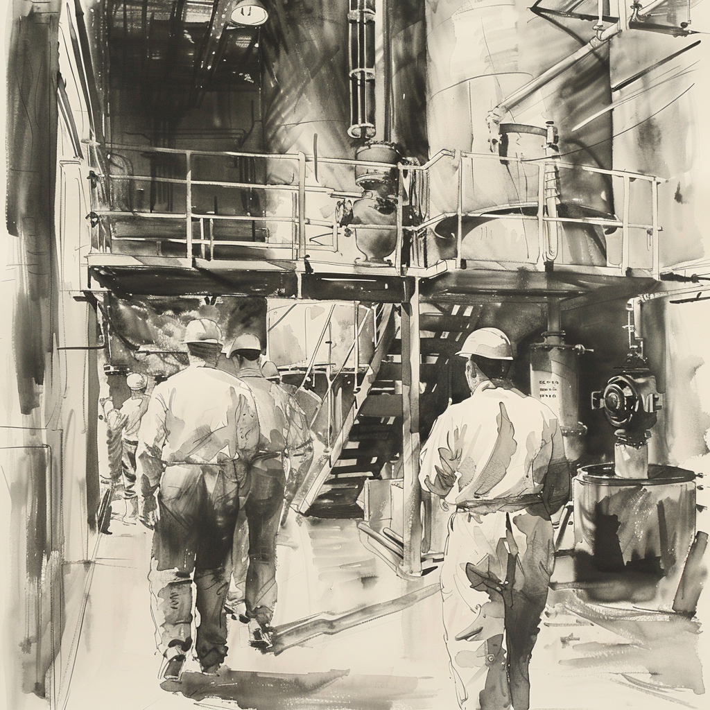 Drawn script sketch, early 1950s, black and white, Workers in the chemical plant in Germany