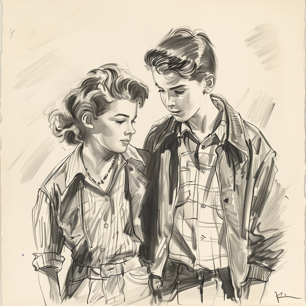Drawn script sketch, early 1950s, black and white, a boy and a girl, teenagers, go their separate ways