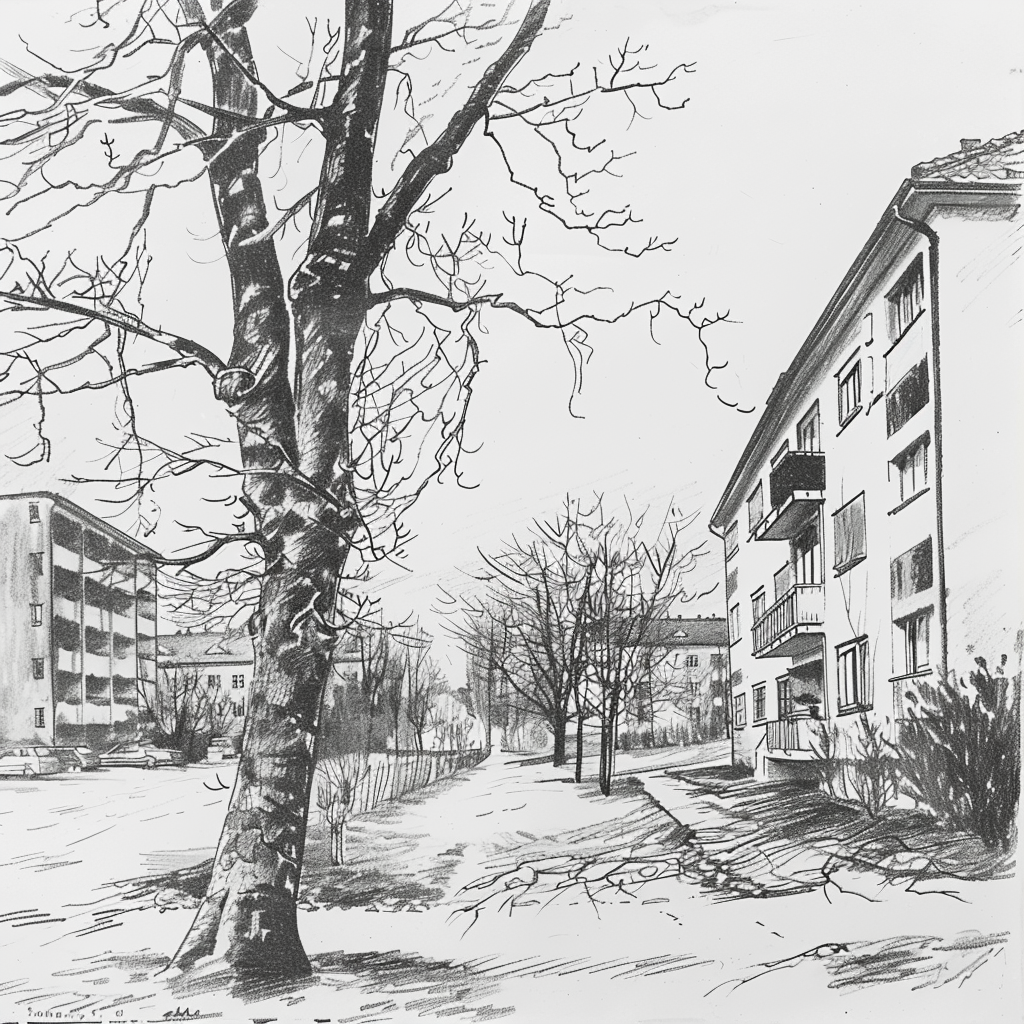 Drawn script sketch, early 1950s, black and white, a small housing estate with apartment blocks on the outskirts of a German town
