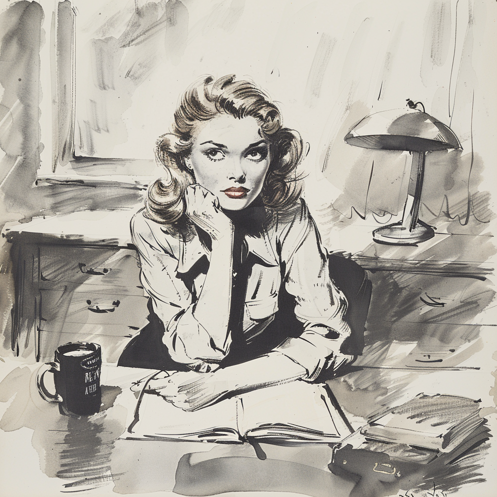 Drawn script sketch, early 1950s, black and white, attractive secretary in a shabby office
