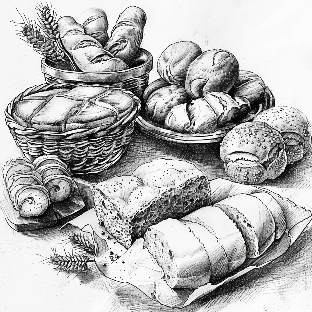 Drawn script sketch, black and white, Breads, rolls, cakes, tarts