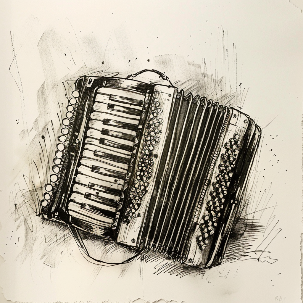 Drawn script sketch, black and white, a lone accordion