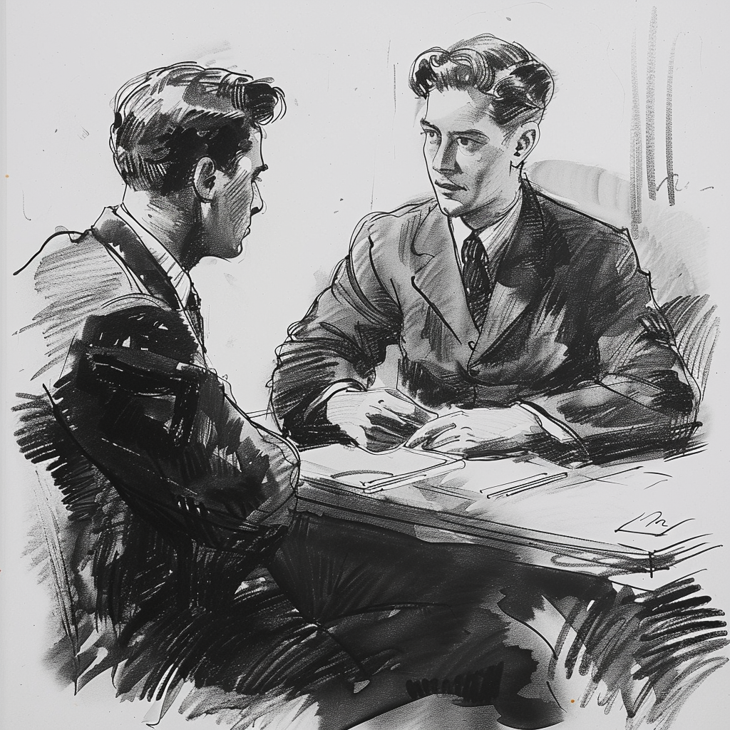 Drawn script sketch, black and white, early 1950s, in Eastern Germany, A young man discusses with SED party secretary