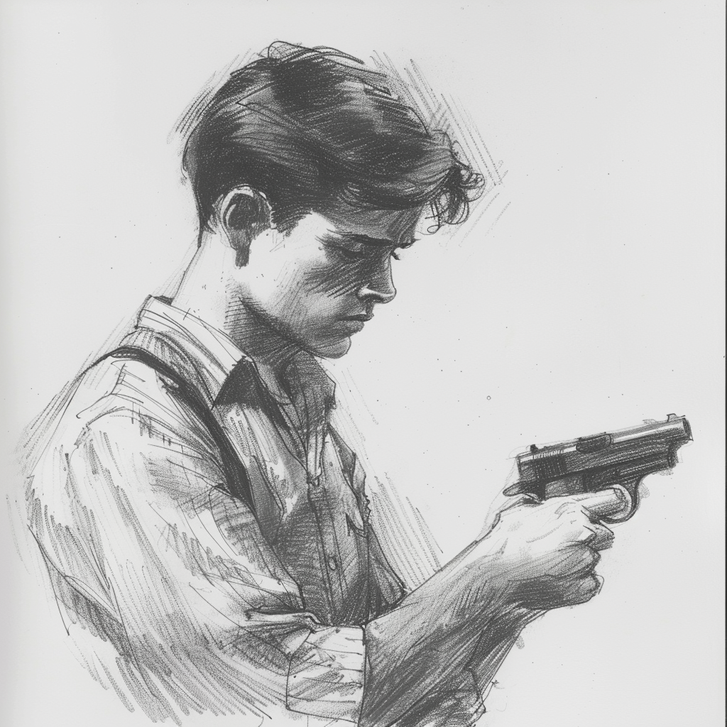 Drawn script sketch, black and white, early 1950s, in Germany, a seventeen-year-old young man looks sadly at a pistol