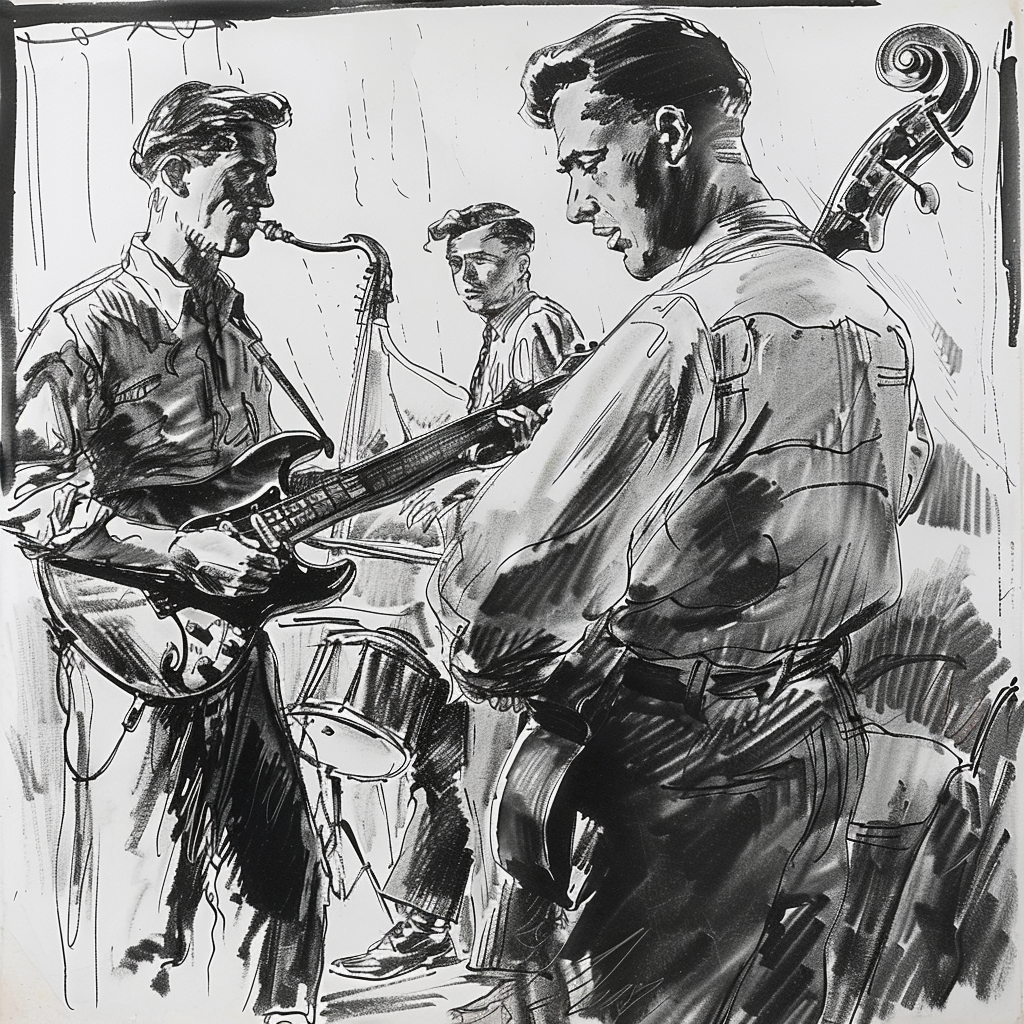 Drawn script sketch, black and white, early 1950s, in Germany, three young man performs Music