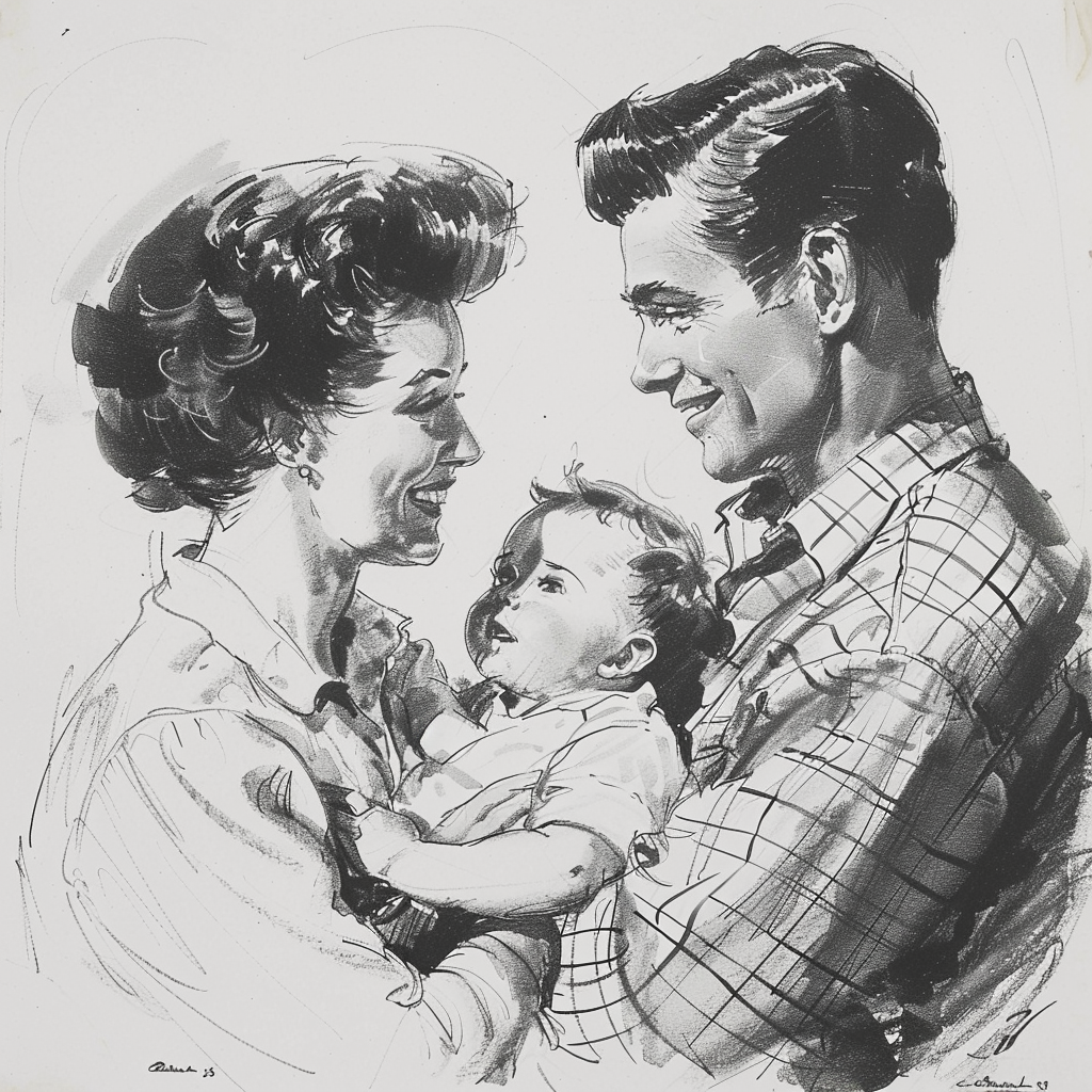 Drawn script sketch, black and white, early 1950s, in Germany, young couple with a small baby