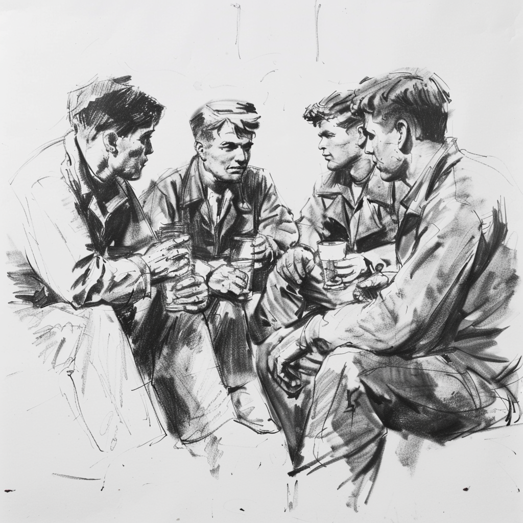 Drawn script sketch, black and white, early 1960s, in Eastern Germany, a group of young men sit together and drink beer