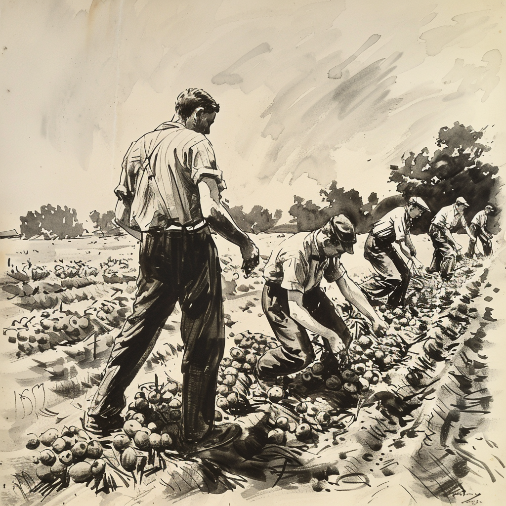 Drawn script sketch, black and white, early 1960s, in Eastern Germany,Young men harvesting potatoes