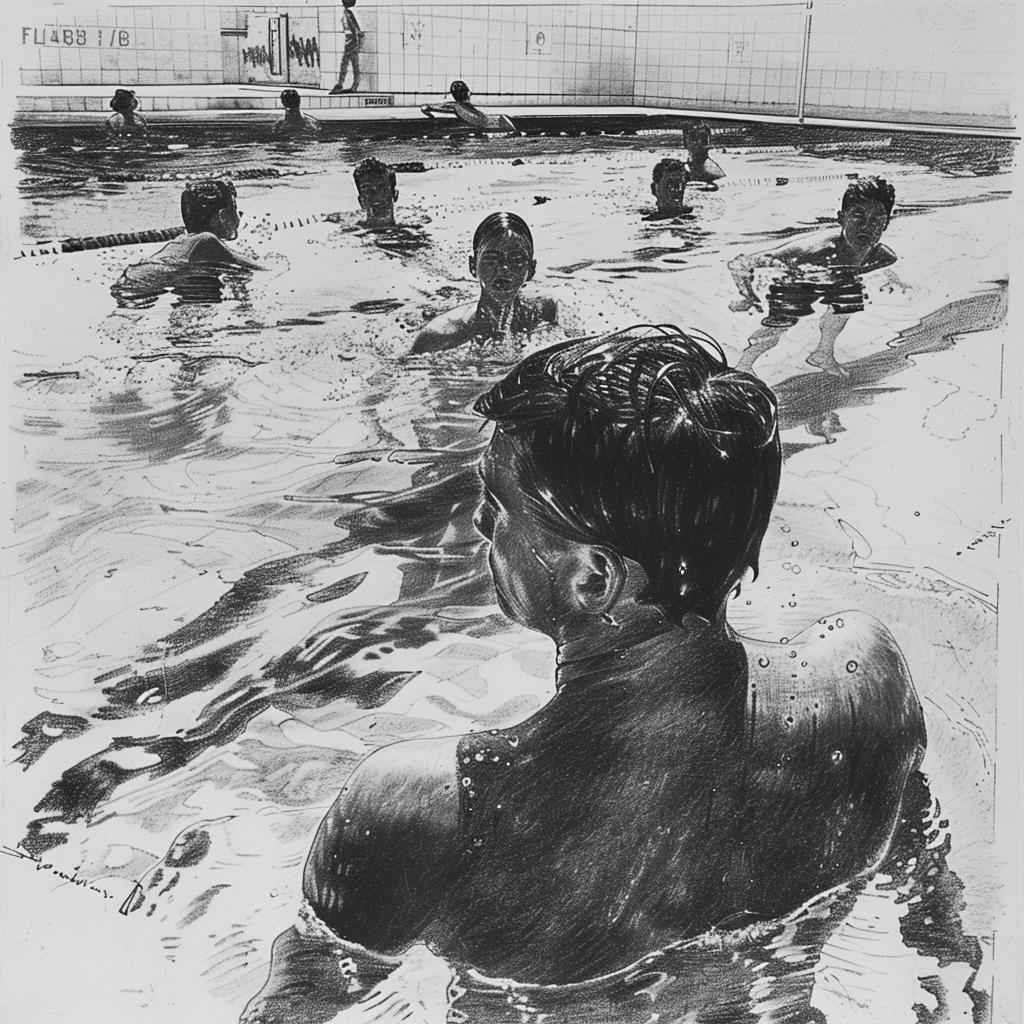 Drawn script sketch, black and white, early 1960s, in Eastern Germany, some young people swim laps in a large swimming pool