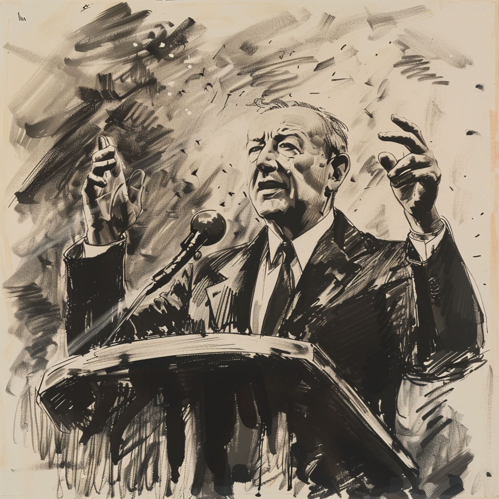 Drawn script sketch, black and white, early 1960s, in Germany, Federal Chancellor Konrad Adenauer gives a speech in public