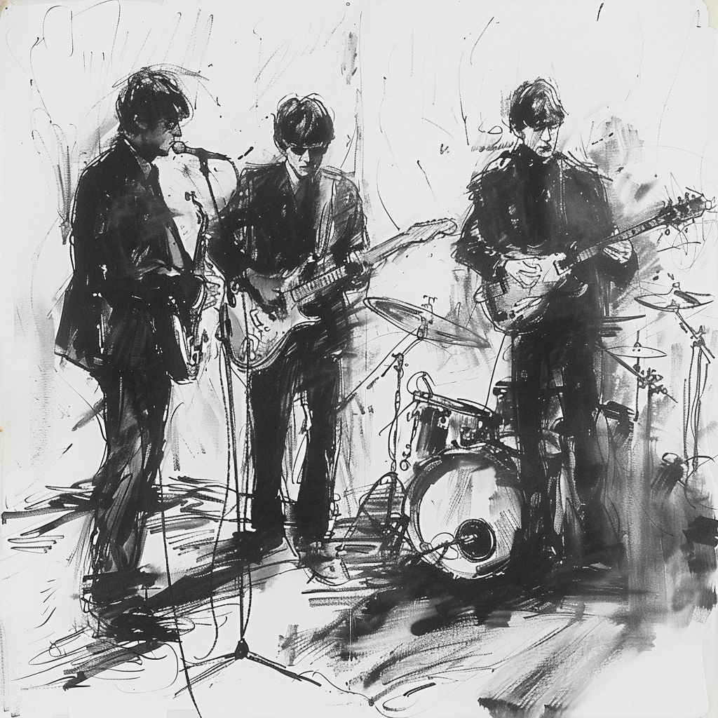 Drawn script sketch, black and white, early 1960s, in Germany, The Beatles on one stage