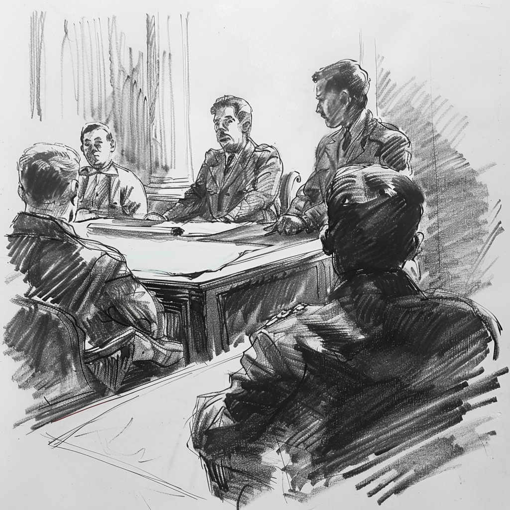 Drawn script sketch, black and white, in the middle of the 1960s, in Germany, a Thirty-year-old man in court