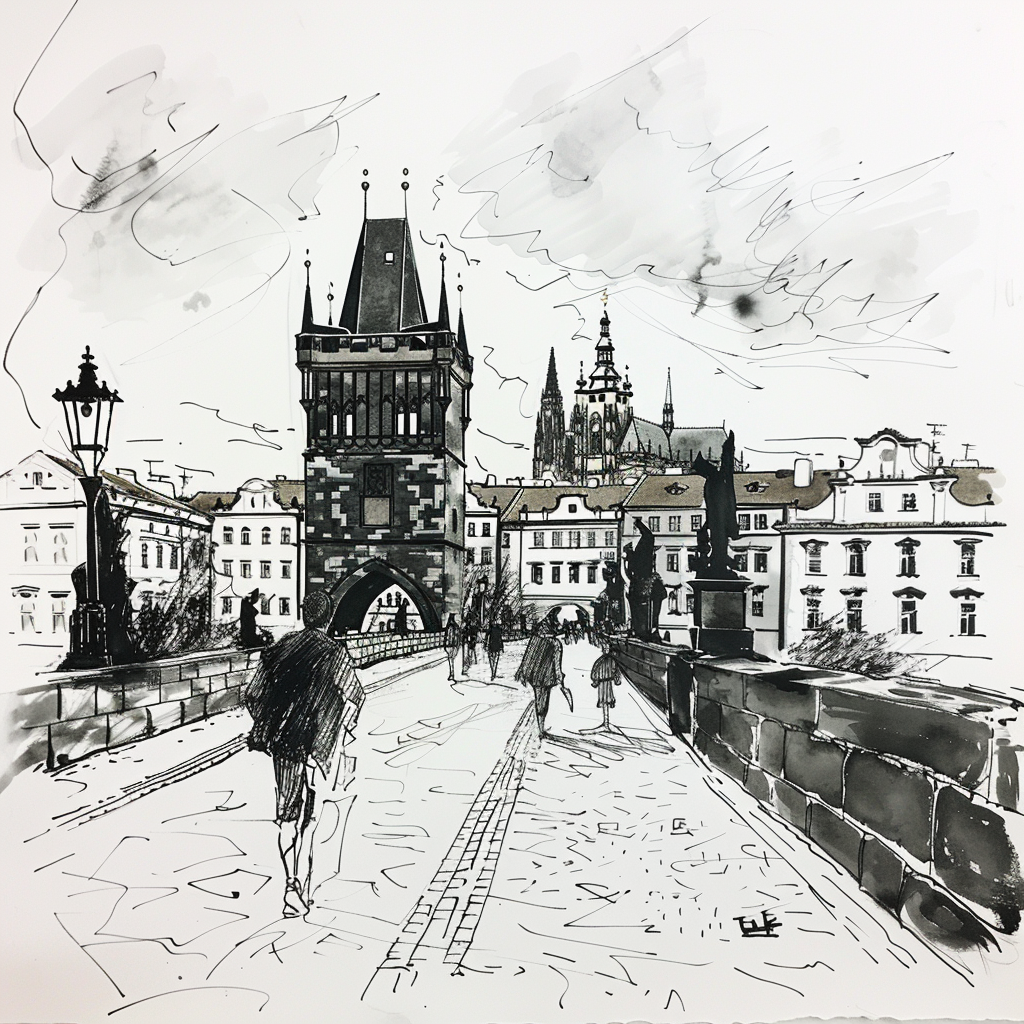 Drawn script sketch, black and white, in the middle of the 1960s, Charles Bridge in Prague