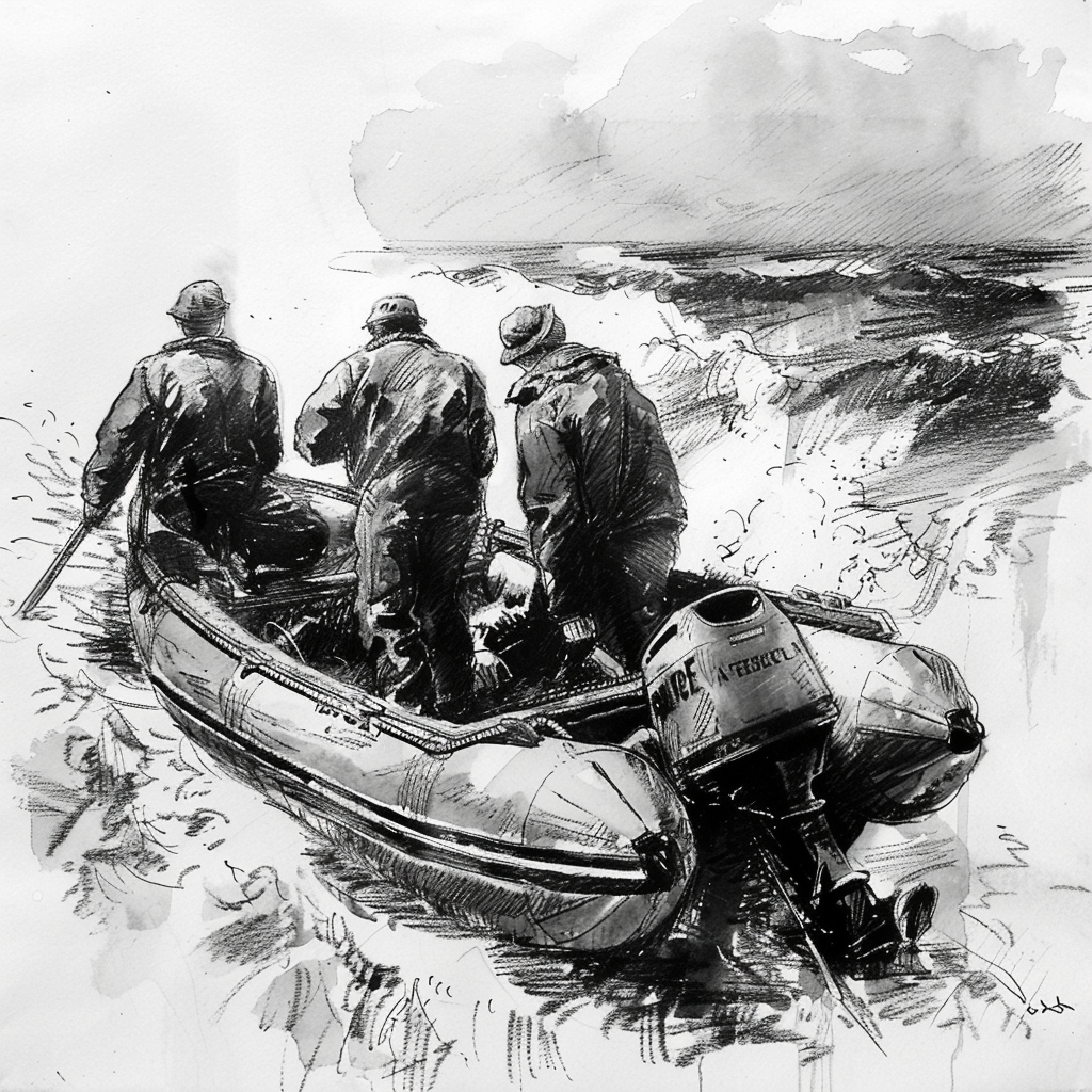 Drawn script sketch, black and white, in the middle of the 1960s, in Germany, Beach on the Baltic Sea, small modern lifeboat with crew