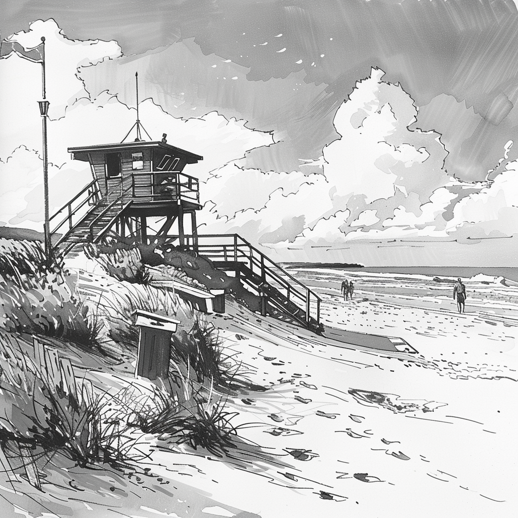 Drawn script sketch, black and white, in the middle of the 1960s, in Germany, Beach on the Baltic Sea with lifeguards