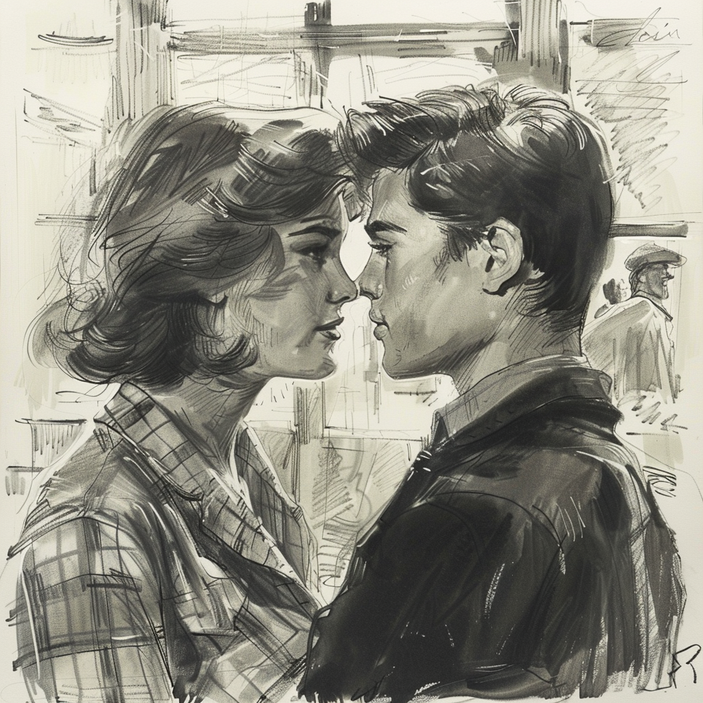 Drawn script sketch, black and white, in the middle of the 1960s, in Germany, young couple flirts