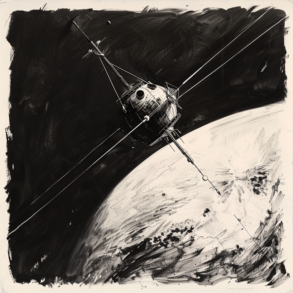 Drawn script sketch, black and white, the russian satellite sputnik 1 orbits the earth in the year 1958