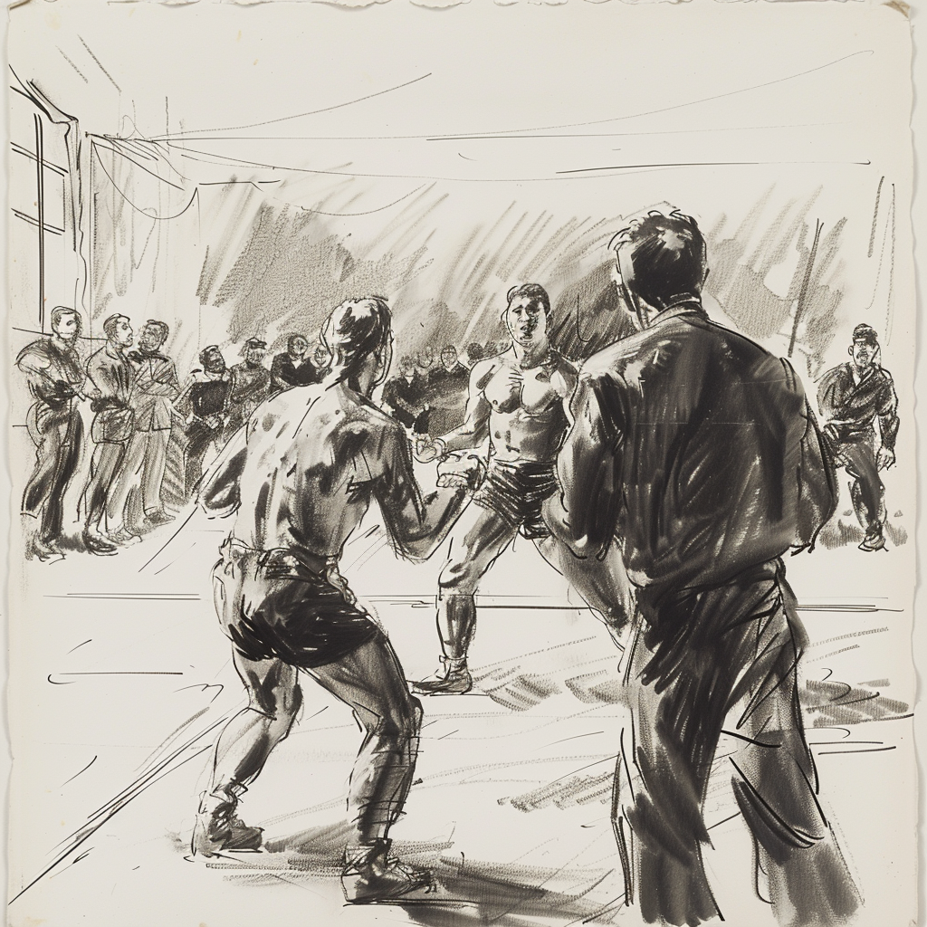 Drawn script sketch, early 1950s, black and white, European wrestling match