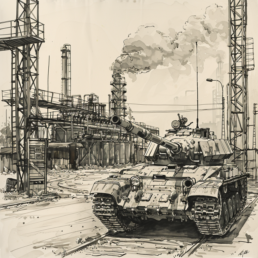 Drawn script sketch, early 1950s, black and white, Soviet tank in front of entrance gate to chemical plant