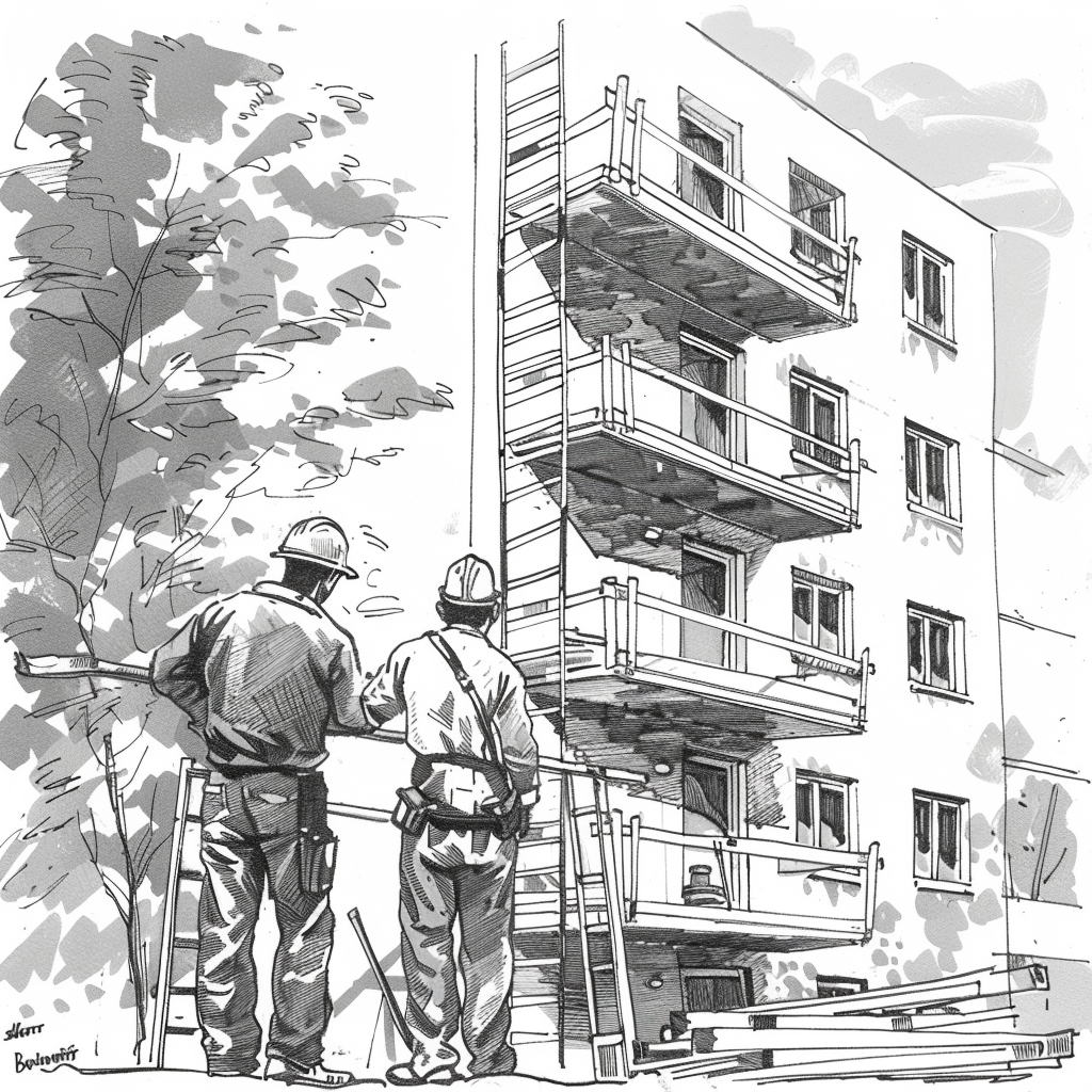 Drawn script sketch, early 1950s, black and white, in Germany, Construction workers work on small apartment buildings