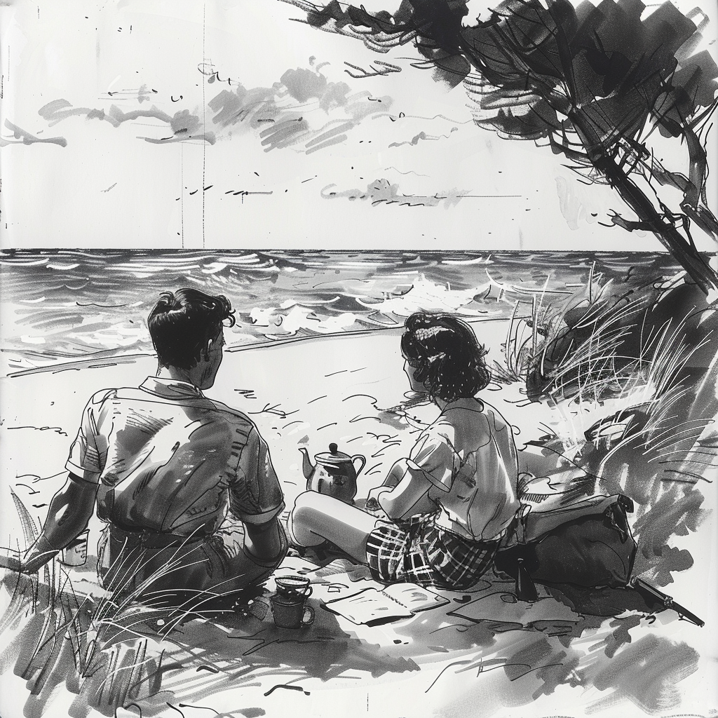 Drawn script sketch, early 1950s, black and white, in Germany, a young couple in their twenties camp out on the Baltic Sea beach