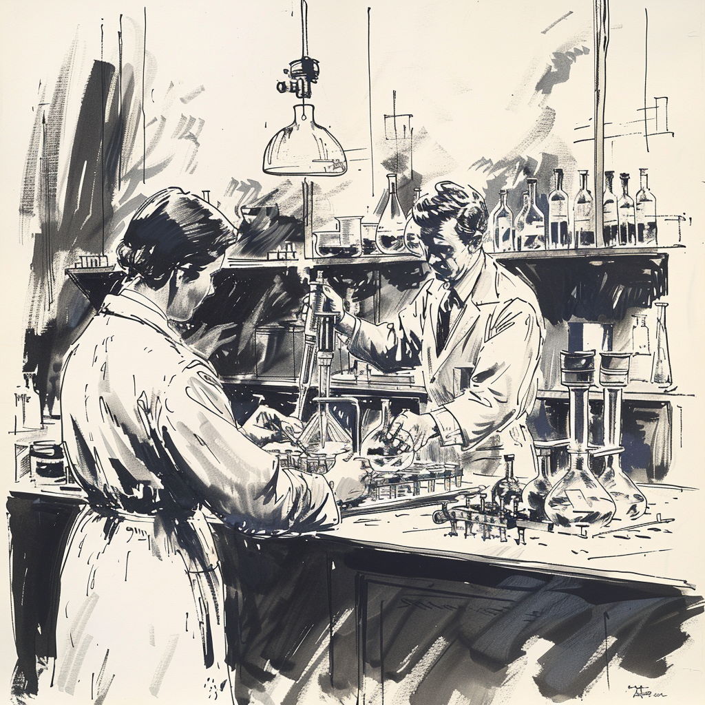 Drawn script sketch, early 1950s, black and white, some people work in a chemistry lab