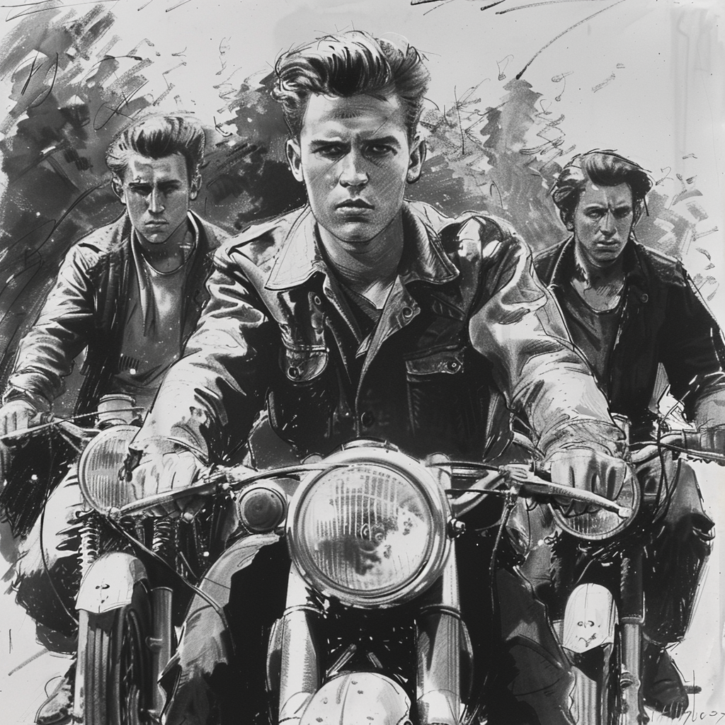 Drawn script sketch, early 1950s in Gemany, black and white, several young men ride old motorbikes