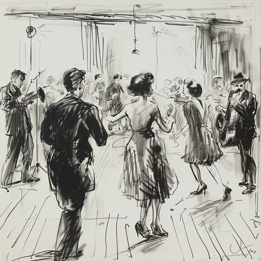 Drawn script sketch, early 1950s in Gemany, black and white, young Dancing couples in a hall with a music band