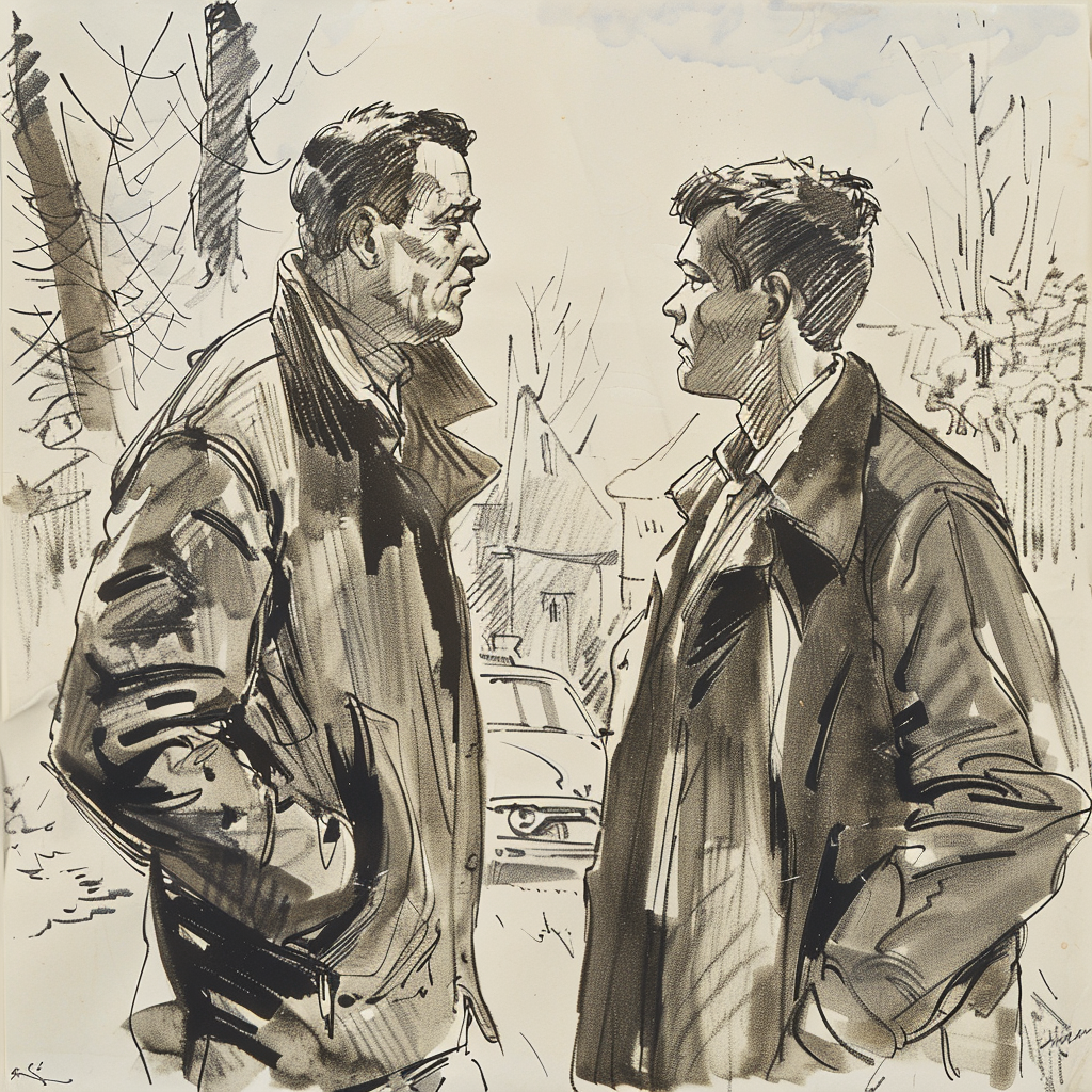 Drawn script sketch, early 1950s in Gemany, black and white, Father and Father and his 20-year-old son