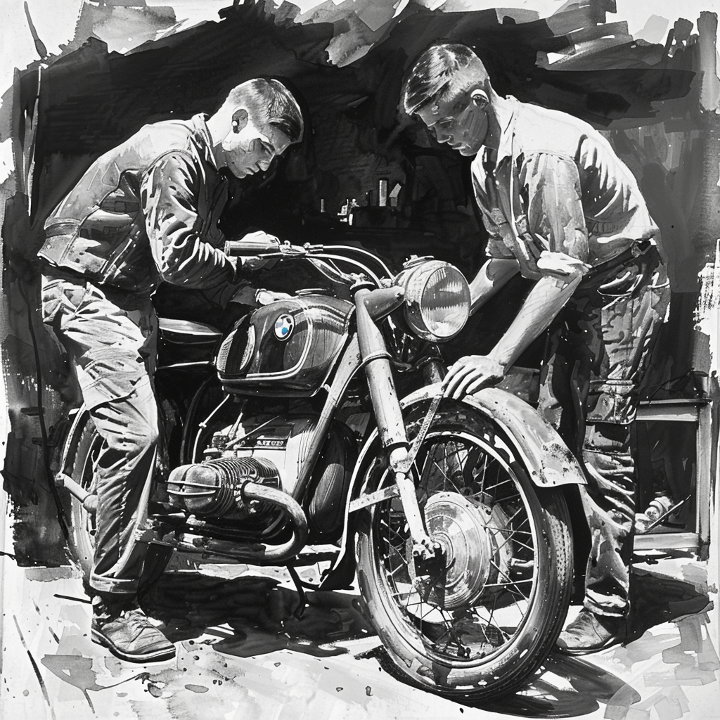 rawn script sketch, early 1950s in Gemany, black and white, Two young men work on an old motorbike
