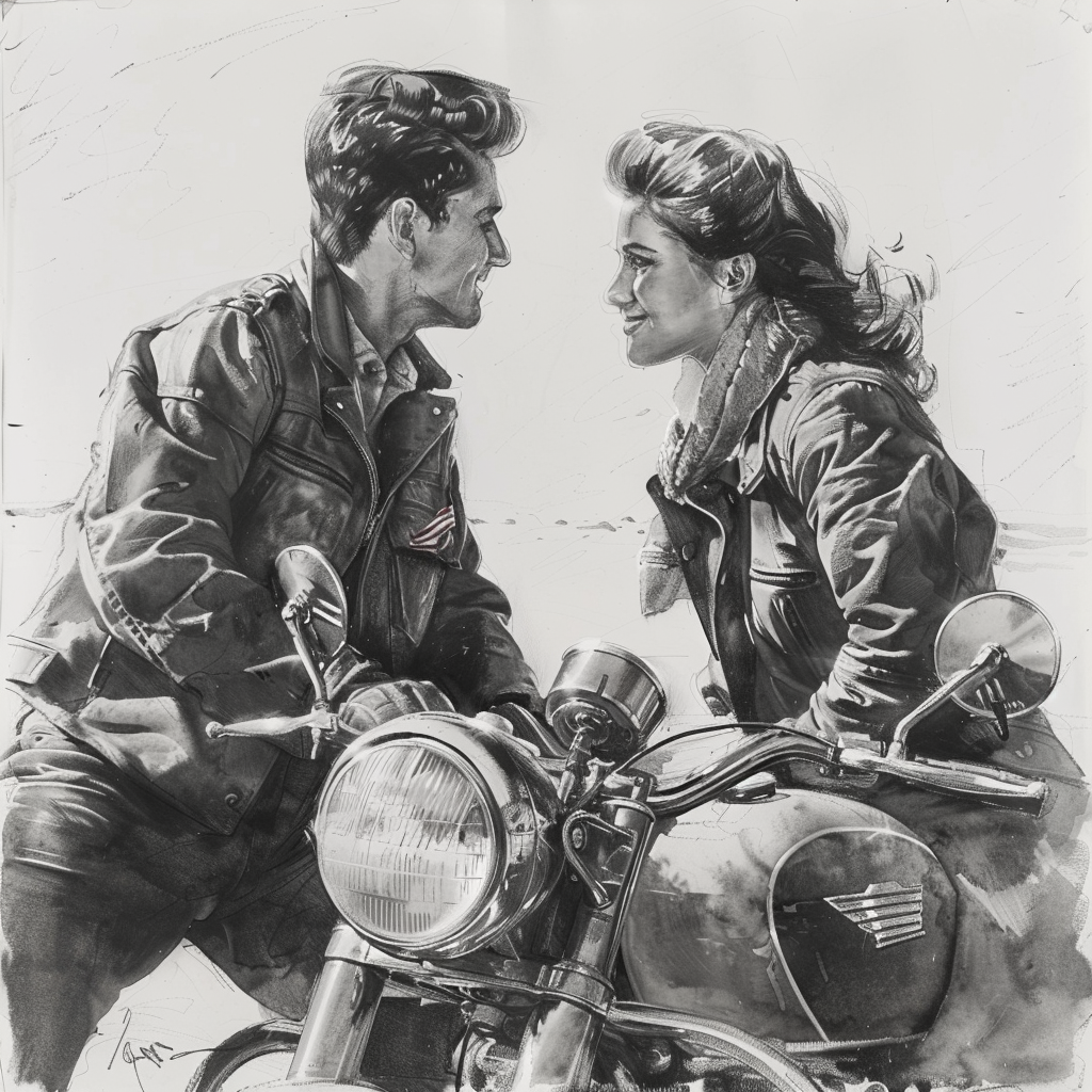 Drawn script sketch, early 1950s in Gemany, black and white, young man in motorbike gear, sitting on motorbike and flirting with young woman