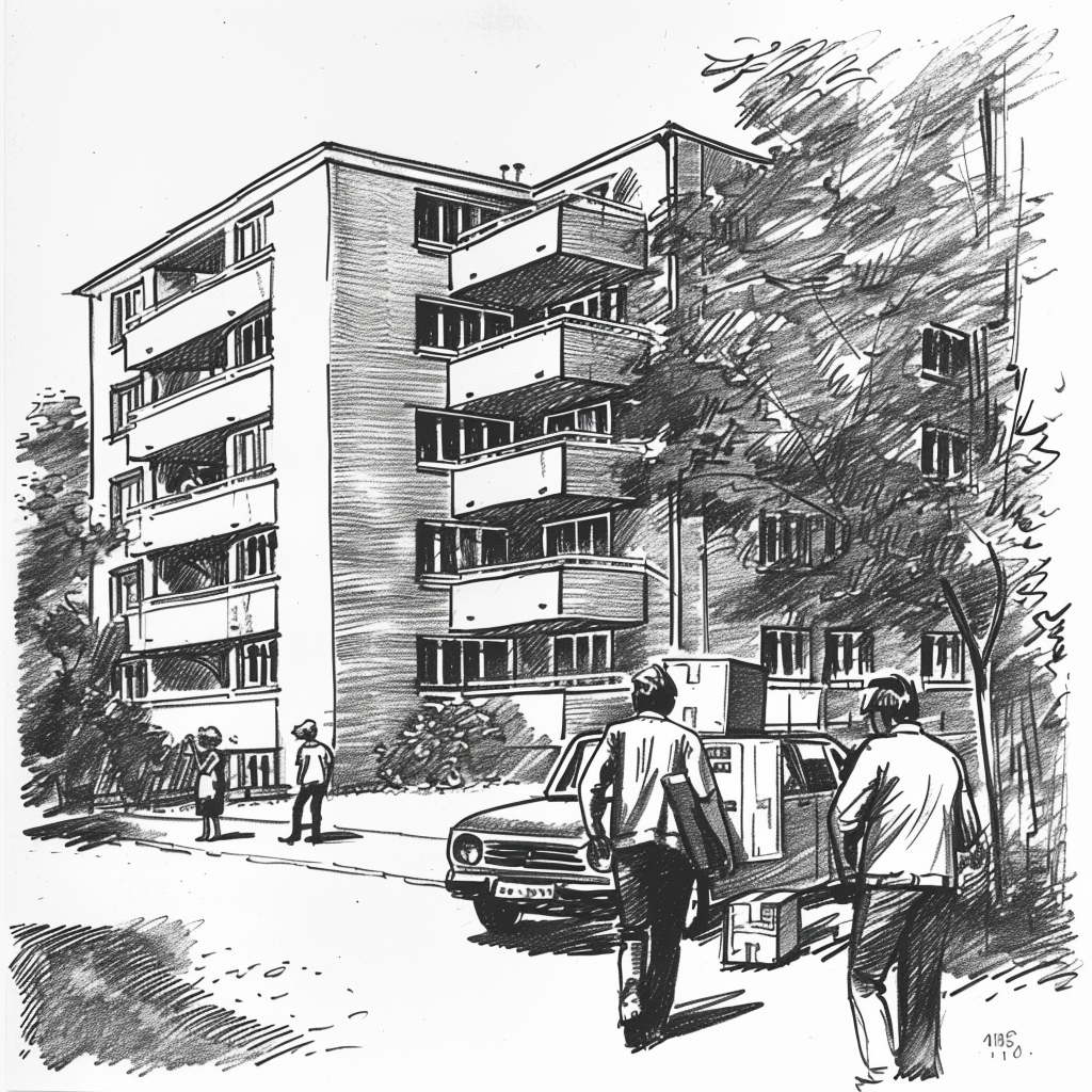 Drawn script sketch, early 1970s in Eastern Germany, black and white, same young People with moving boxes in front of a new small apartment building