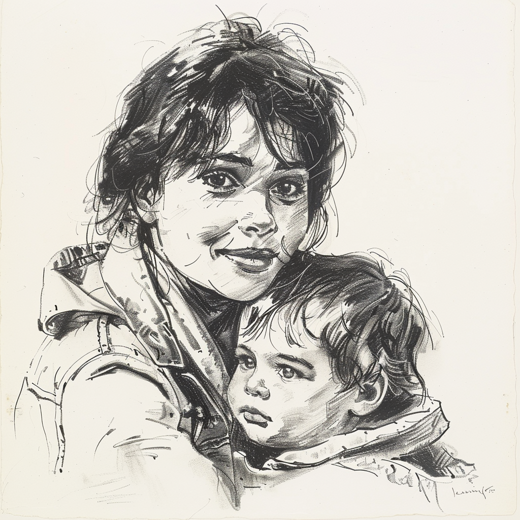 Drawn script sketch, early 1970s in Germany, black and white, young pretty woman with a little baby