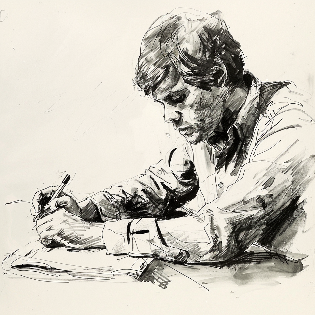 Drawn script sketch, early 1970s in Germany, black and white, a thirty-year-old man studies