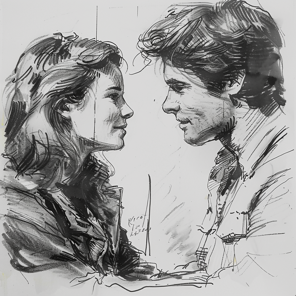 Drawn script sketch, early 1970s in Germany, black and white, a thirty-year-old Man meets young pretty woman