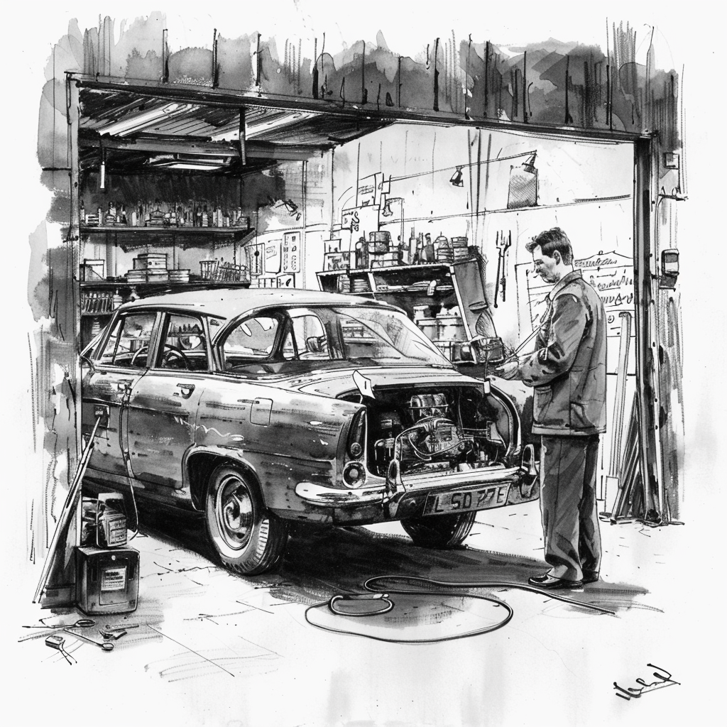 Drawn script sketch, in the Beginn of the 1980s in Eastern Germany, black and white, a Craftsman works in car repair shop