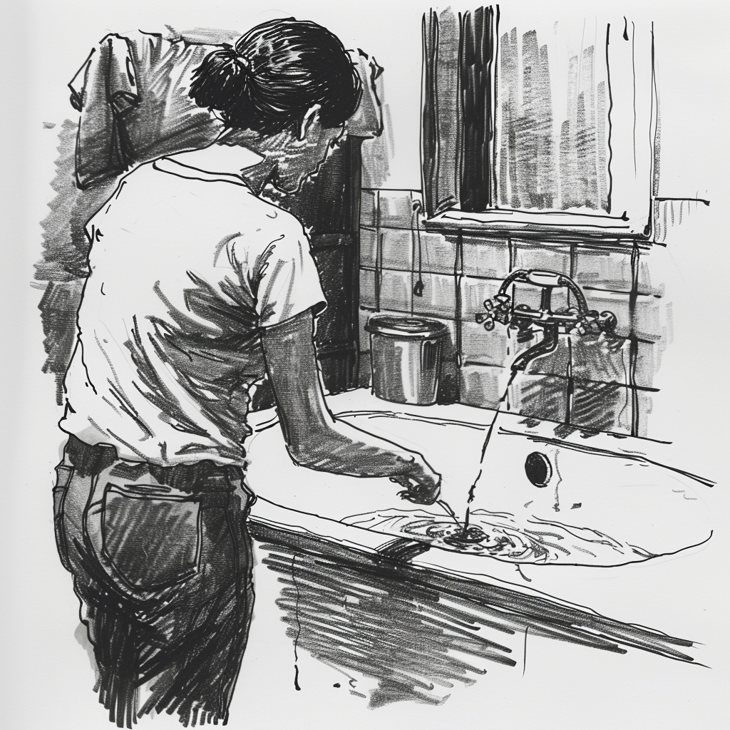 Drawn script sketch, in the Middle of the 1970s in Eastern Germany, black and white, a young woman lets water run into a tub in a bath