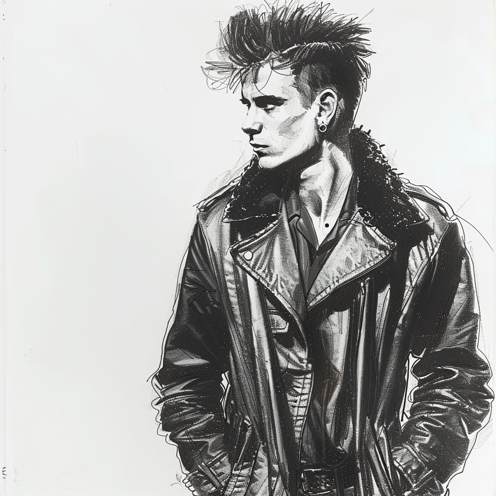 Drawn script sketch, in the Middle of the 1970s in Eastern Germany, black and white, young man with long leather coat, mohawk haircut and earring,