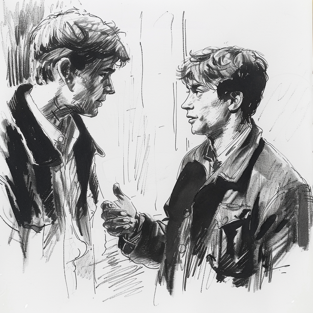 Drawn script sketch, in the Middle of the 1970s in Eastern Germany, black and white, young man talks to father,