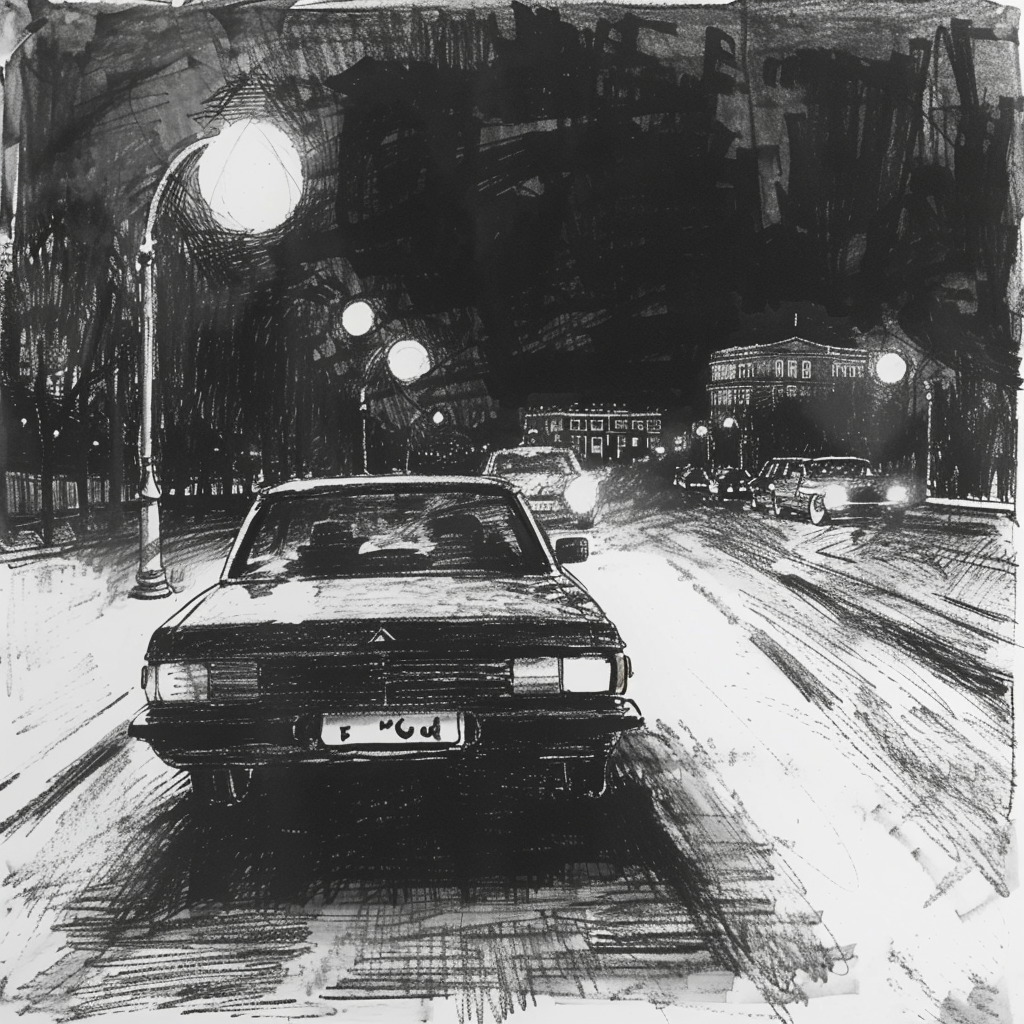Drawn script sketch, in the Middle of the 1970s in Eastern Germany, black and white, Cab on the road at night in Leipzig