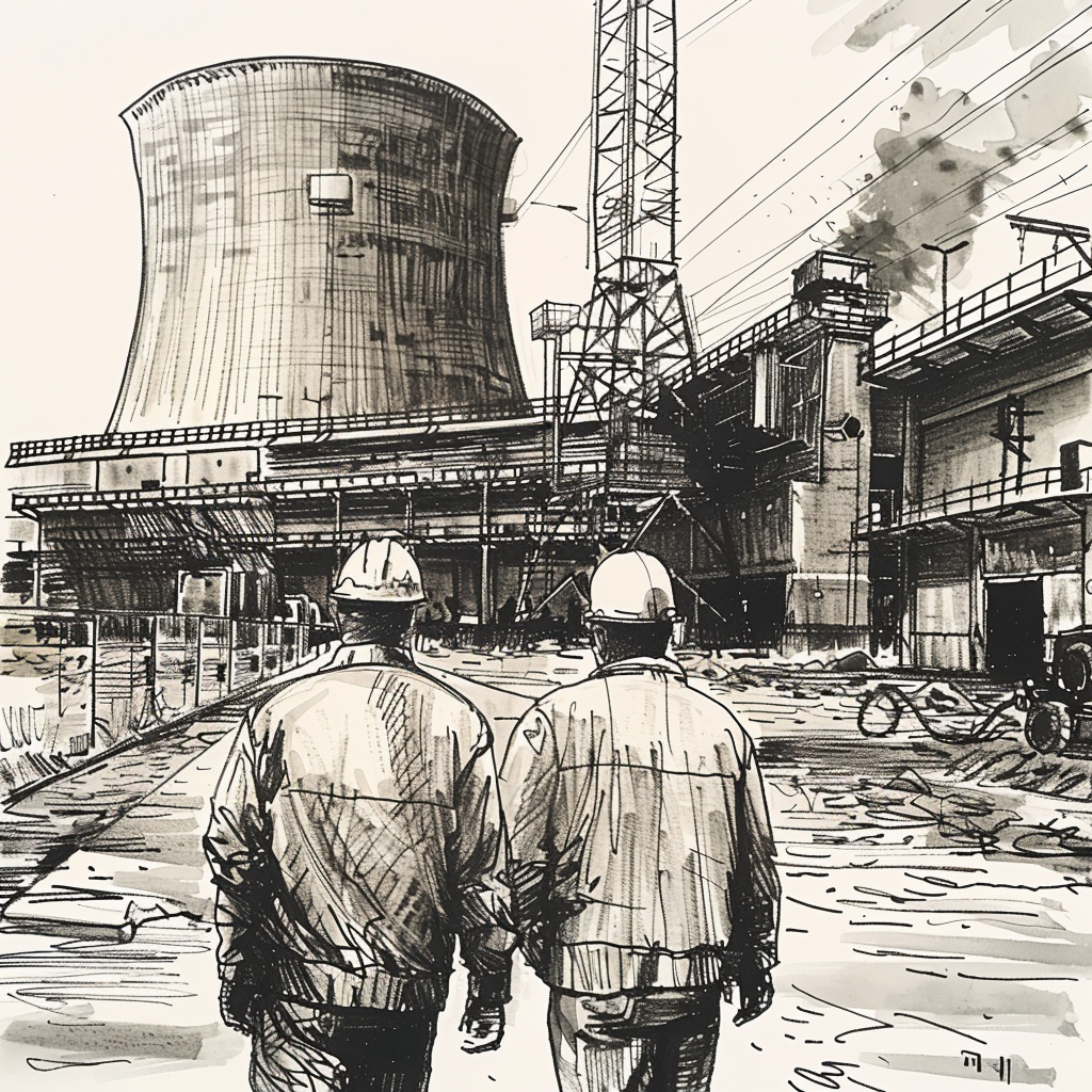 Drawn script sketch, in the Middle of the 1970s in Eastern Germany, black and white, Construction workers visit the site of a nuclear power plant