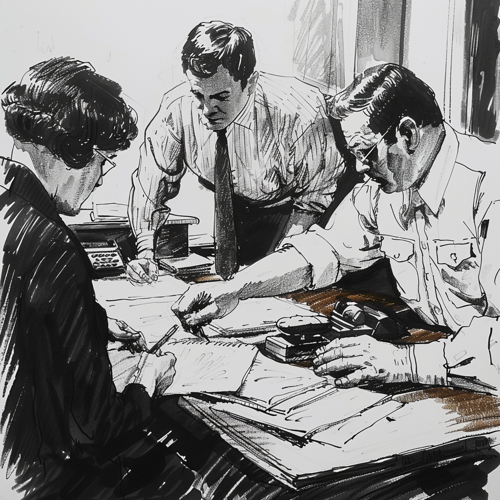 Drawn script sketch, in the Middle of the 1970s in Eastern Germany, black and white, People in the office
