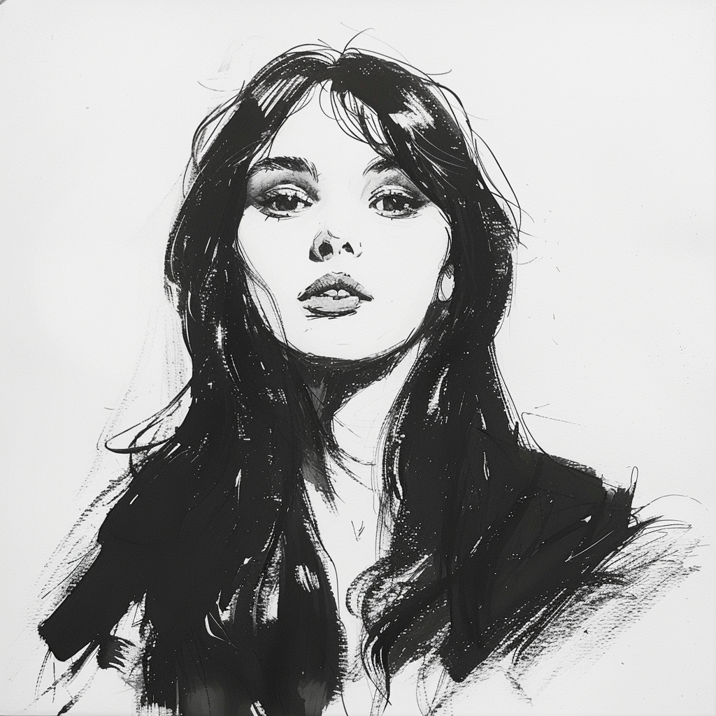 Drawn script sketch, in the Middle of the 1970s in Eastern Germany, black and white, young pretty woman with long black hair