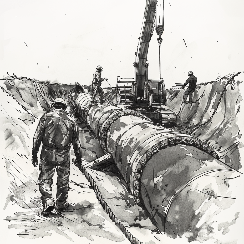 Drawn script sketch, in the Middle of the 1970s in Russia, black and white, Young people work on a enormous construction site of gas line with enormous, man-sized pipes