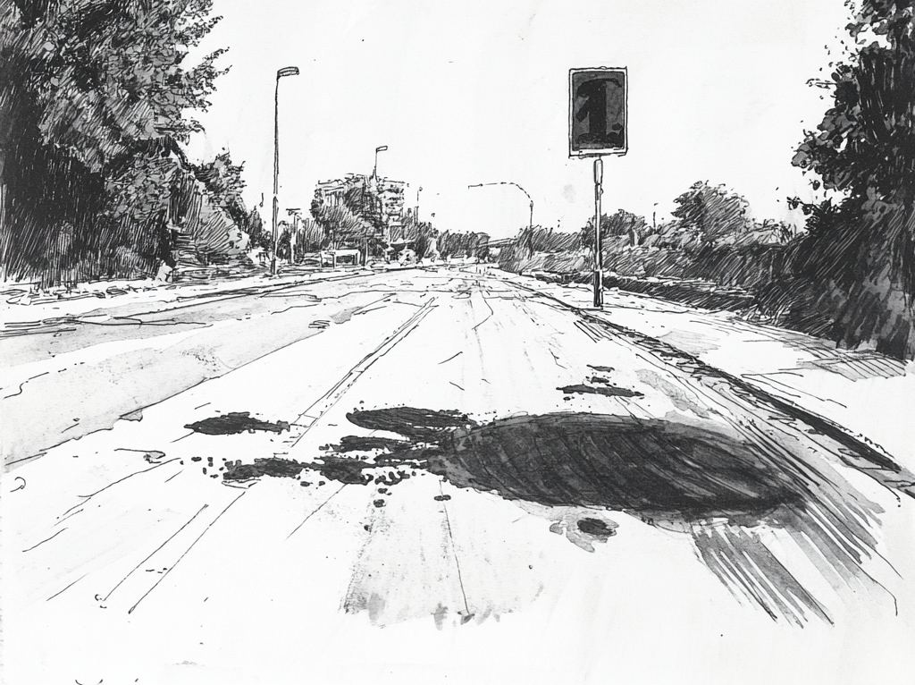 Drawn script sketch, early 1970s in Germany, black and white, a large black spot on the road--v 6.0