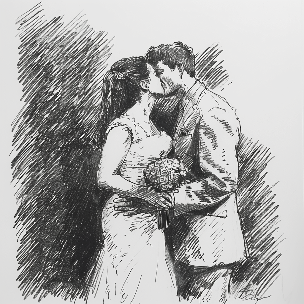 Drawn script sketch, black and white, in the 1980s in Germany, A bridal couple say "I do