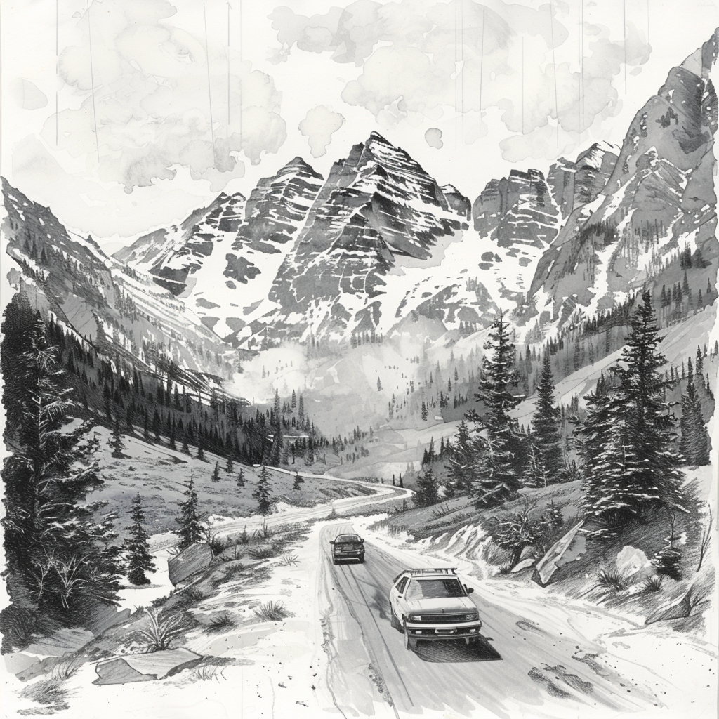 Drawn script sketch, black and white, in the 1980s, packed Cars with people drive along a lonely road in the high mountains without trees, which leads into a valley with trees, lanscape