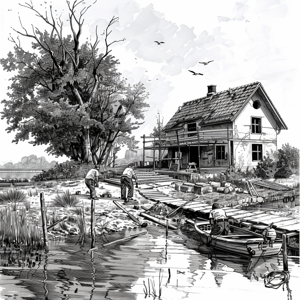 Drawn script sketch, in the 1980s in Eastern Germany, black and white, Men build a new house in a spacious area by a lake.