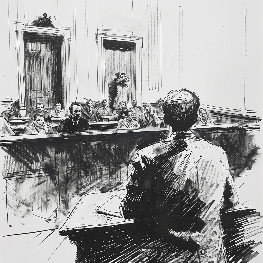 Drawn script sketch, in the 1980s in Eastern Germany, black and white, Man justifies himself in court