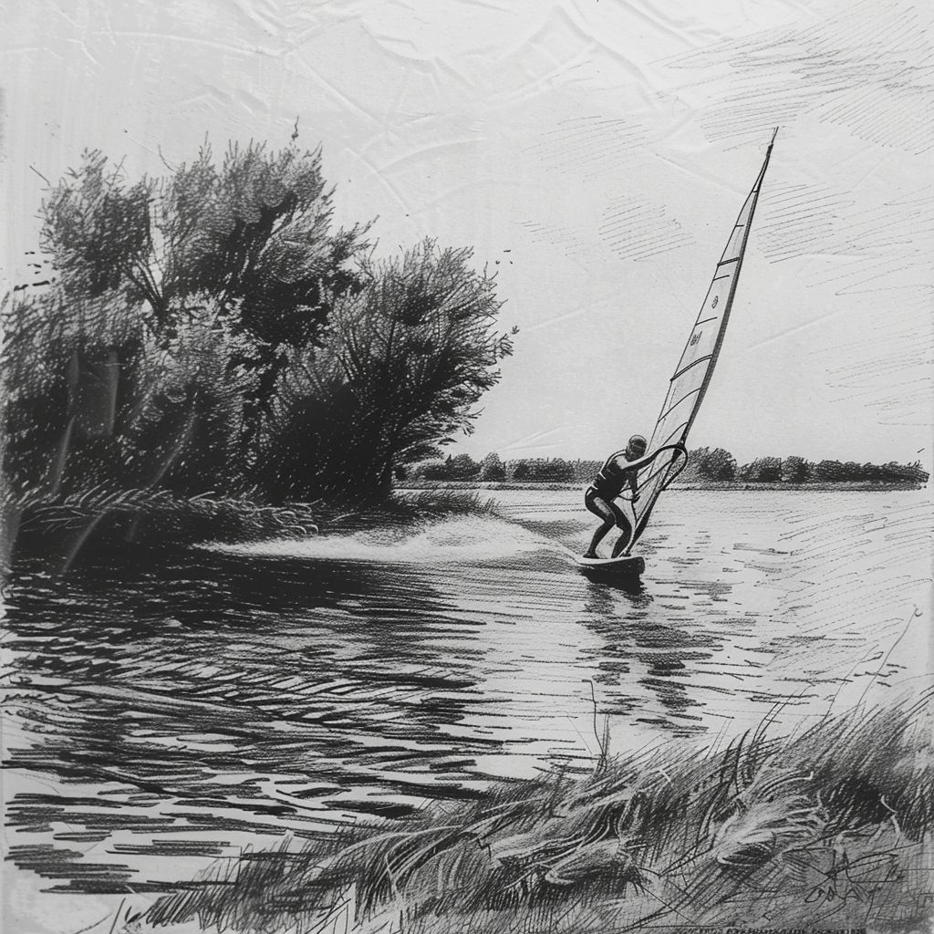 Drawn script sketch, in the Beginn of the 1980s in Eastern Germany, black and white, young man windsurfing on a small lake